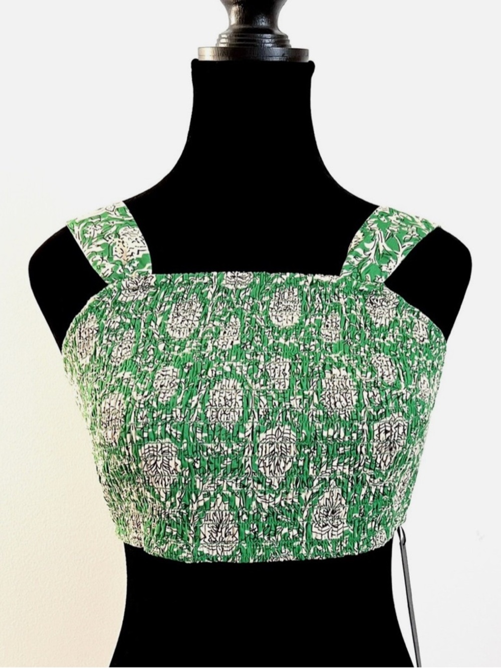 House of Harlow 1960 Green and White Smocked Floral Crop Top